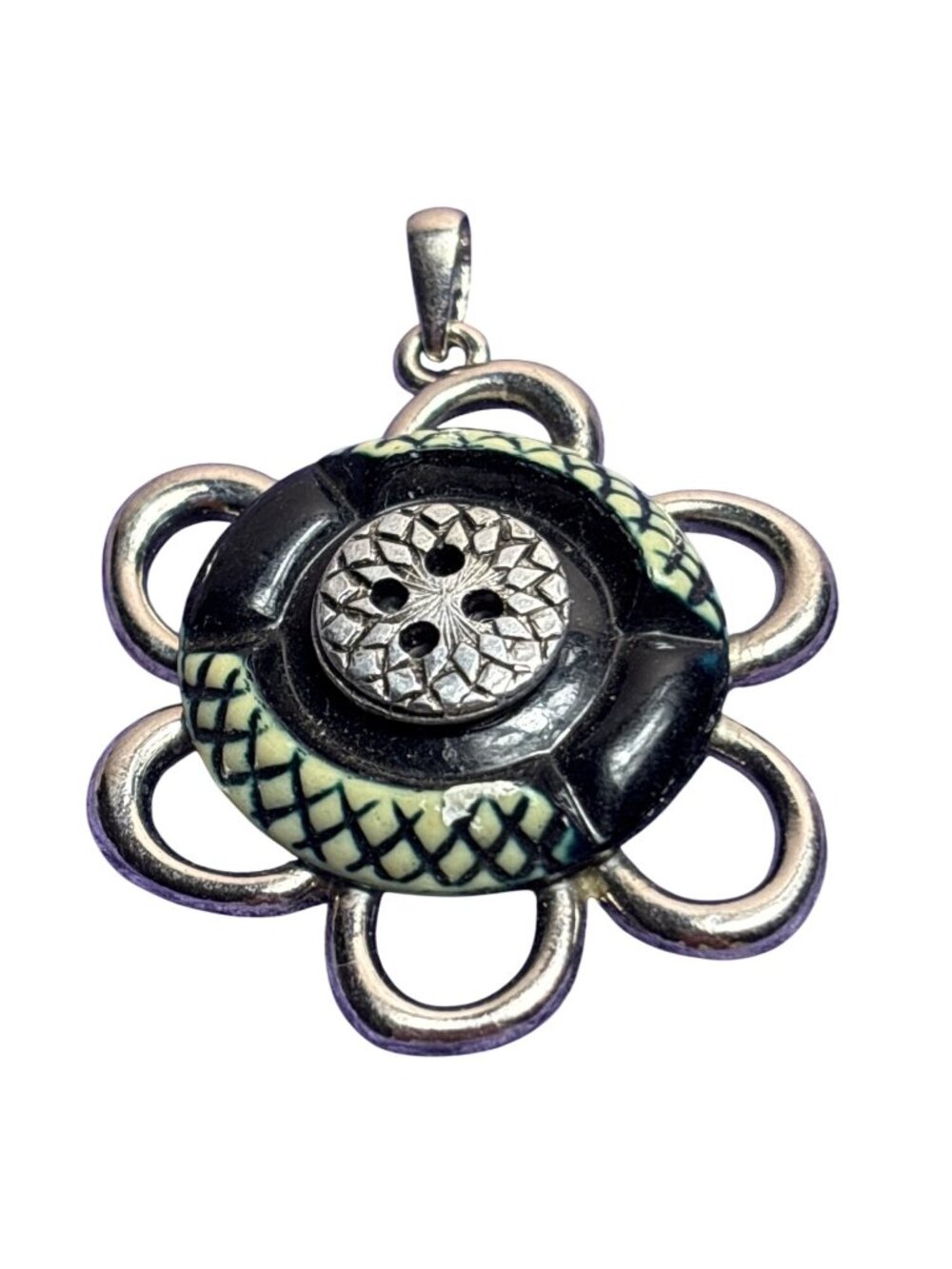 Silvertone Abstract Flower Pendant Button Center 1.75 inches
